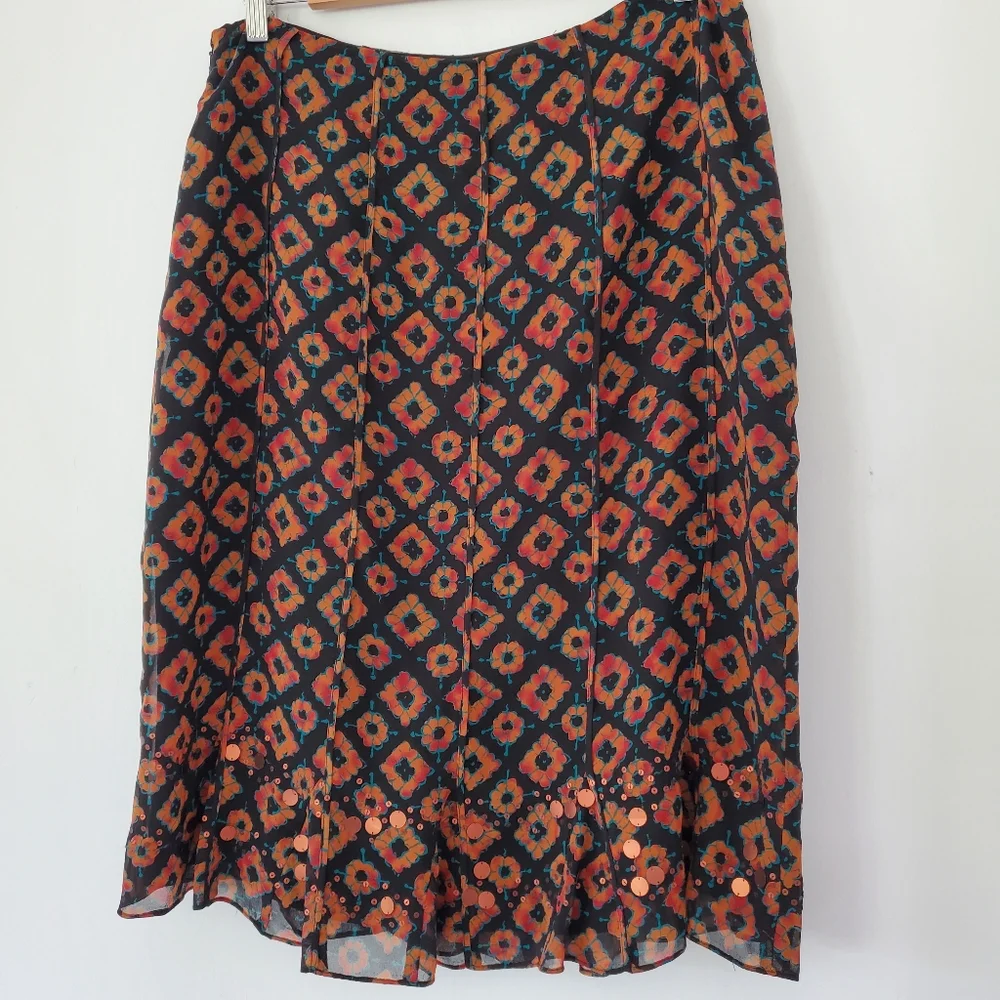 100% Silk Black Rust Print Skirt 12 Copper Sequins Ruffle Hem JONES NEW YORK EUC